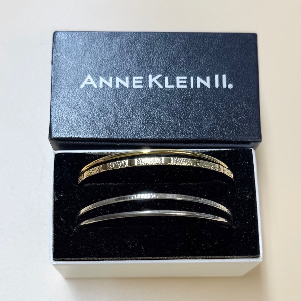 Anne Klein II Vintage Bangle Bracelet Set Gold Silver Tone Textured Mixed Metal